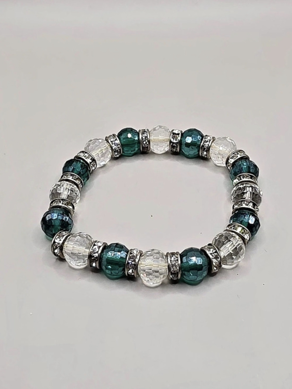 Green Clear Faceted Bead Stretch Bracelet Rhinestone Spacer Silver Tone